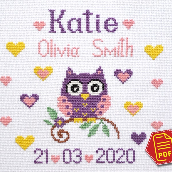 Baby girl birth sampler cross stitch pattern, Cute owl announcement - Download embroidery design in PDF