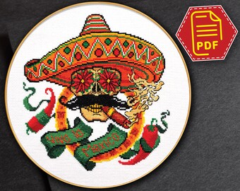 Kreuzstich Stickmuster 'Viva la Mexico' Scull Stickbild, Scull Kreuzstich in PDF, Tag der Toten, Cinco de Mayo, Viva Mexico Geschenk