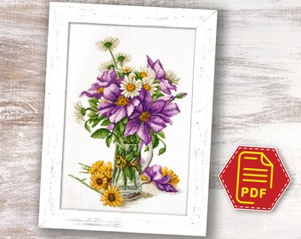 Modern cross stitch pattern Purple Clematis, Flowers bouquet embroidery design for adults and kids - Instant Download in PDF