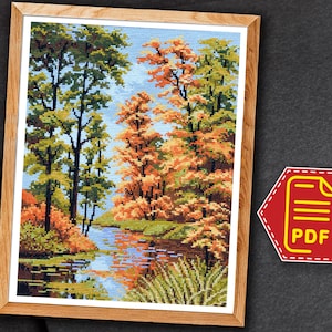 Fall Cross Stitch Counted Pattern &quot;Autumn&quot;, Beautiful Landscape Embroidery Design, River in Forest - Instant Download in PDF
