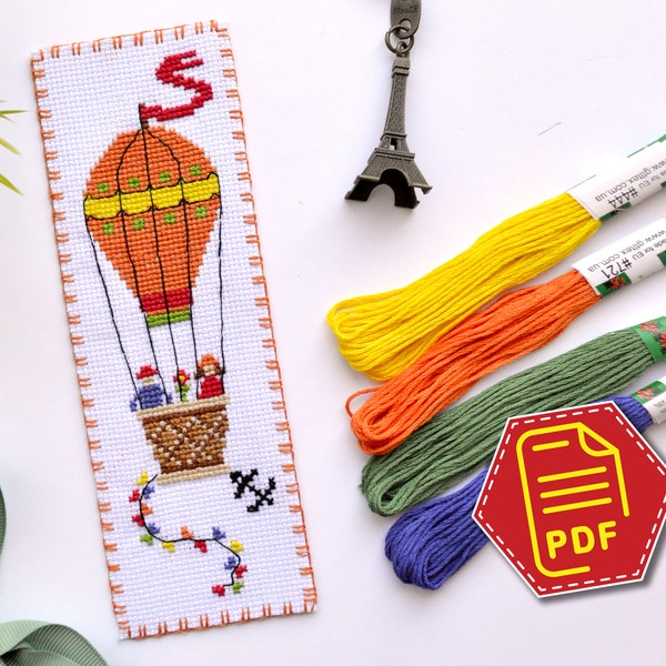 Hot Air Balloon Cross Stitch Pattern for Bookmark - Download Embroidery Design in PDF