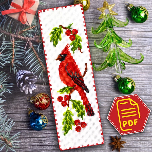 Northern cardinal bird cross stitch bookmark pattern - Christmas embroidery design in PDF for Unique handmade winter holidays gift