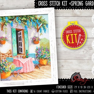 Kreuzstichpackung Sommergarten, Kreuzstichpackung, DIY Stickerei Landschaft mit Blumenmuster, Blumengarten, Hinterhof, DIY Wohnkultur