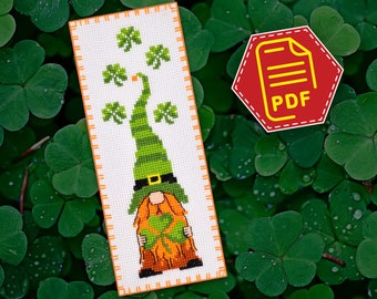 Irish gnome cross stitch counted pattern St. Patrick embroidery gift - DIY good luck Celtic bookmark for booklover friend - Download in PDF