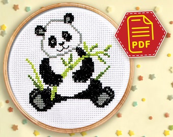 Cute panda cross stitch counted pattern, Baby animal embroidery design for nursery decor - Instant Download chart in PDF