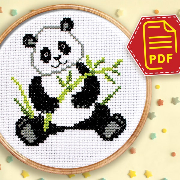 Cute panda cross stitch counted pattern, Baby animal embroidery design for nursery decor - Instant Download chart in PDF
