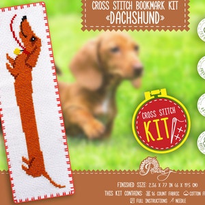 Bookmark cross stitch kit &quot;Dachshund Dog&quot;, Wiener dog embroidery kit with funny counted paatern, DIY dog lover gift