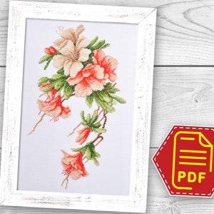Kreuzstich Stickmuster mit Azaleenblüten rosa - Moderne Stickdatei für Erwachsene als PDF-Datei zum Herunterladen und ausdrucken