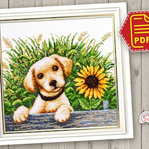 Labrador puppy cross stitch pattern 'Golden Retriever' Animal embroidery design with cute dog counted pattern Instant Download in PDF image 1