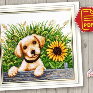 Labrador puppy cross stitch pattern &#39;Golden Retriever&#39; Animal embroidery design with cute dog counted pattern - Instant Download in PDF