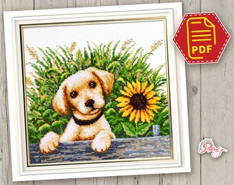 Schema punto croce cucciolo di Labrador 'Golden Retriever' Disegno ricamo animale con simpatico motivo a cane contato - Download immediato in PDF