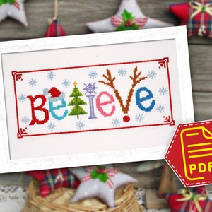 Believe cross stitch Christmas pattern - Winter holidays embroidery design for Christmas ornaments - Instant Download in PDF