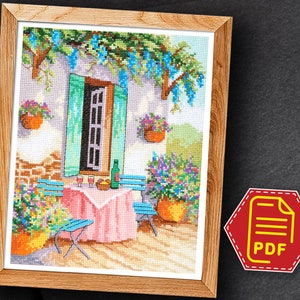 Cute flower garden cross stitch pattern, Summer landscape embroidery design for wall art decor  - Instant Download in PDF