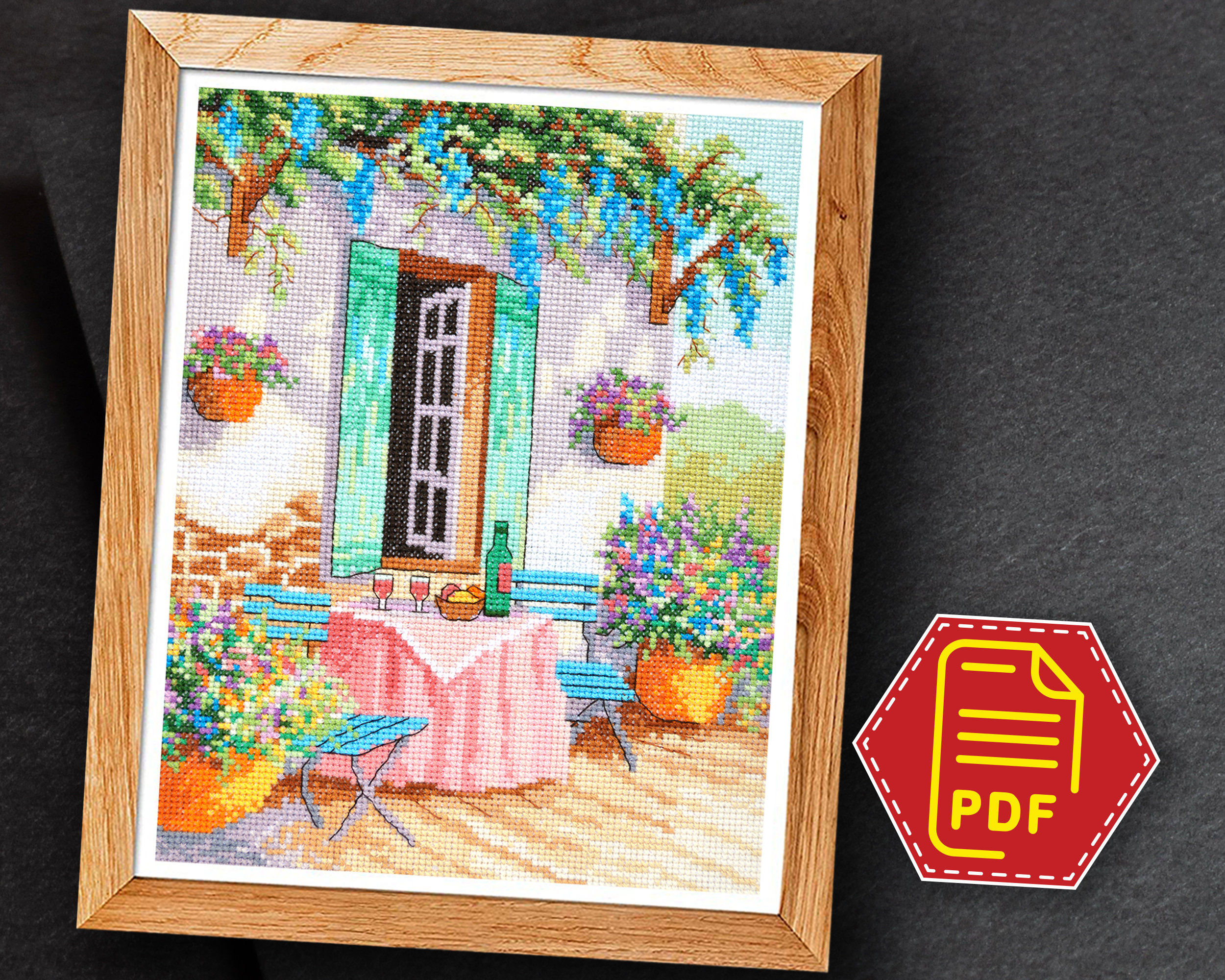 かわいい花園のクロスステッチパターン、壁のアート装飾用の夏の風景