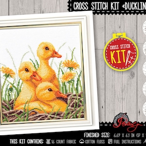 Duck cross stitch kit &quot;Ducklings&quot;, Cute birds embroidery kit with easy counted pattern, Farm animals, Do It Yourself Easter home decor