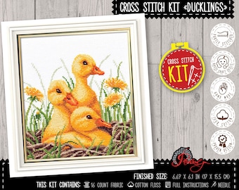 Duck cross stitch kit &quot;Ducklings&quot;, Cute birds embroidery kit with easy counted pattern, Farm animals, Do It Yourself Easter home decor