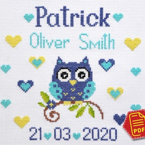 Baby boy birth sampler cross stitch pattern, Cute Owl announcement - Download embroidery design in PDF
