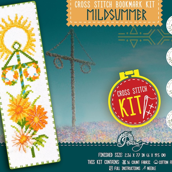 Midsummer - Pagan Holiday cross stitch kit, Shortest night, Longest day, Year Wheel bookmark embroidery kit for Adults with counted pattern