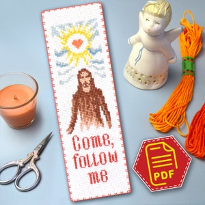 Cross stitch pattern of Jesus with quote "Come, follow me" - Bible bookmark embroidery design in PDF - Do it Yourself religious gift