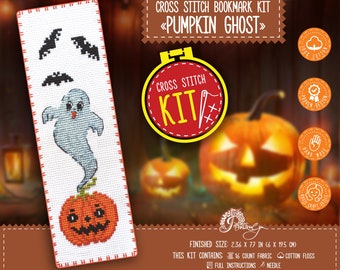 Bookmark cross stitch kit 'Pumpkin Ghost' Halloween embroidery kit with counted pattern, Do it yourself spooky gift, Autumn Holidays