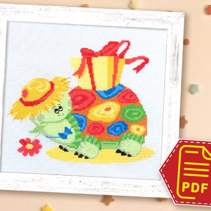 Sea turtle cross stitch pattern "Gift" Colorful ocean animal embroidery design for beginners - Download in PDF