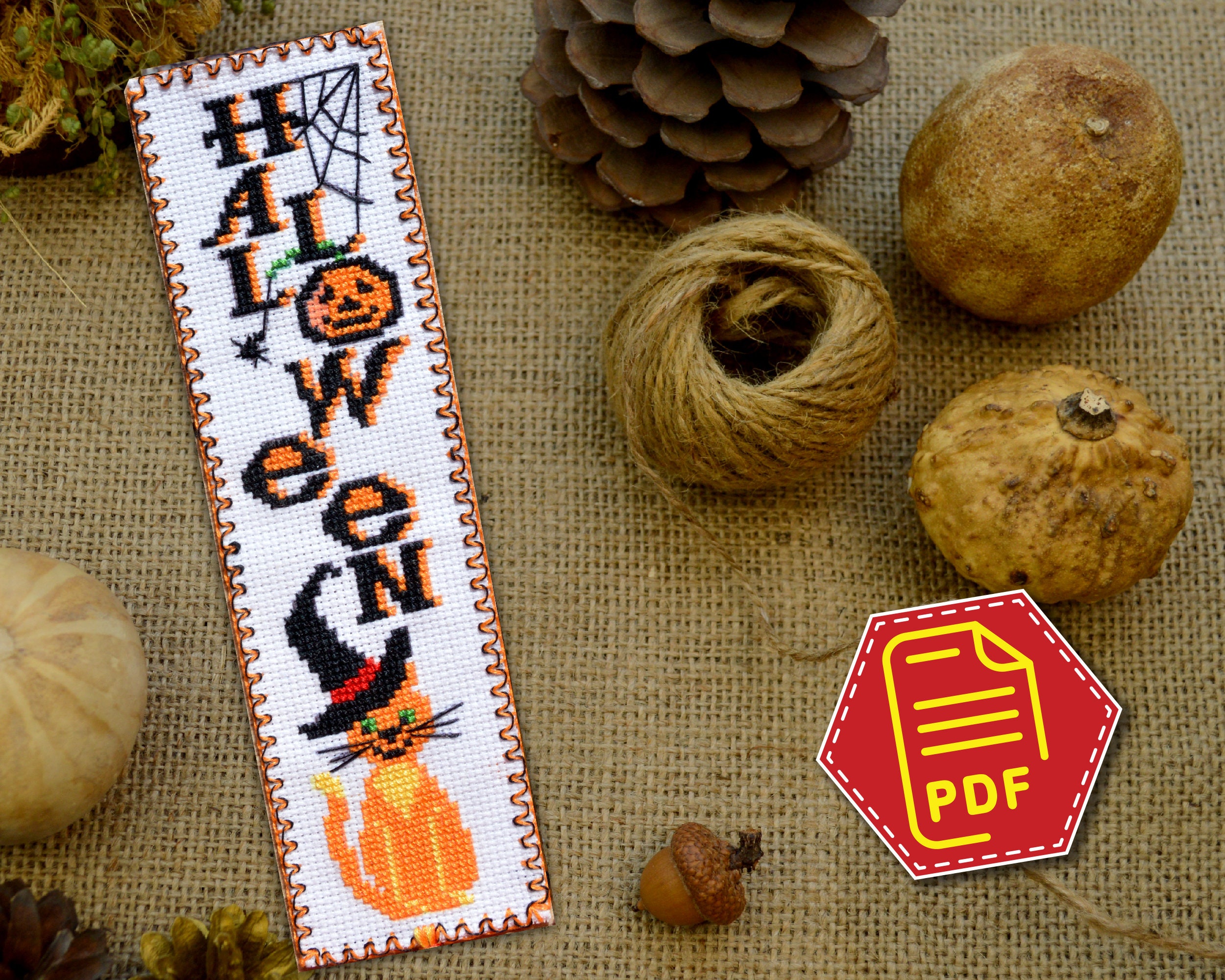 Halloween Cross Stitch Bookmark Pattern 'red Cat Wearing a Witch Hat ...