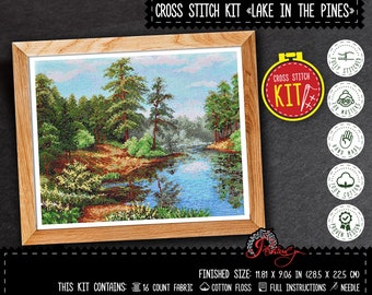 Forest landscape cross stitch kit, Embroidery kit for adults with counted pattern - DIY home wall decor in living room
