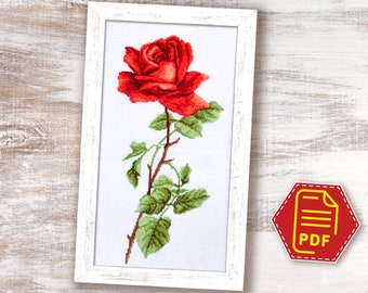 Red rose cross stitch pattern, Flower embroidery design for adults and kids - DIY Mothers day gift - Instant Download in PDF