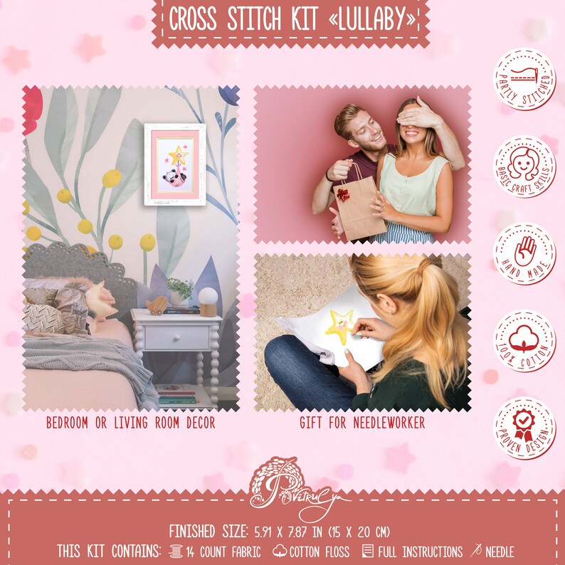 K&ouml;nnte beinhalten: Kreuzstich-Set mit dem Titel "Lullaby" mit einer fertigen Gr&ouml;&szlig;e von 15 x 20 cm. Das Set enth&auml;lt 14er Aida-Stoff, Stickgarn aus Baumwolle, eine vollst&auml;ndige Anleitung und eine Nadel. Das Set ist in einem Schlafzimmer mit einem gerahmten Kreuzstich-Motiv eines Sterns und eines schlafenden Tieres abgebildet. Das Set wird auch als Geschenk f&uuml;r eine Stickerin gezeigt.