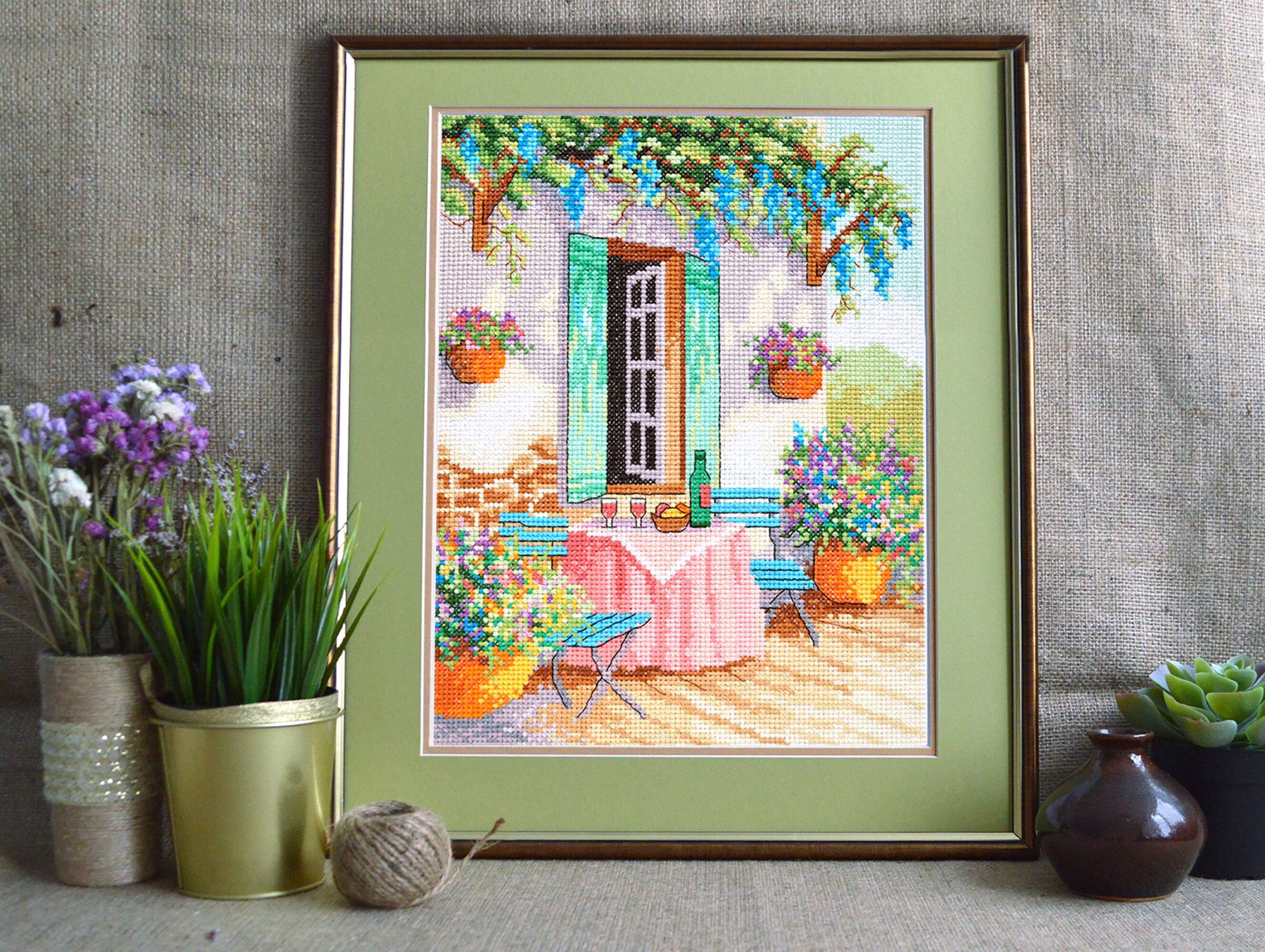 かわいい花園のクロスステッチパターン、壁のアート装飾用の夏の風景