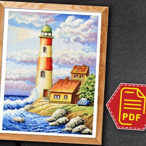 Seaside cross stitch lighthouse pattern, Bright summer ocean beach landscape embroidery design - Instant Download in PDF