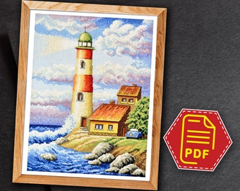 Modèle de phare au point de croix en bord de mer, motif de broderie de paysage de plage d'océan lumineux d'été - téléchargement immédiat en PDF