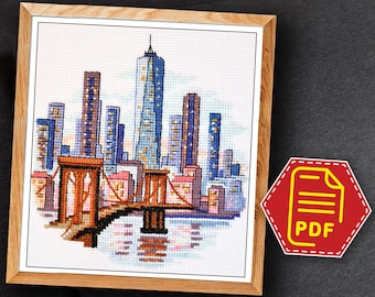 Patrón de punto de cruz con paisaje urbano de Nueva York - Diseño de bordado de NYC - Descarga instantánea en PDF