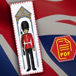 May include: A cross-stitch pattern for a bookmark featuring a red and black British guard standing in front of a building. The pattern is in PDF format.