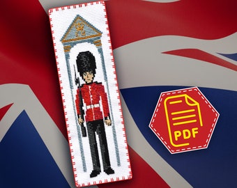 Easy Cross Stitch British Bearskin Soldier "Guardsman" Counted Pattern for Hand Embroidery Bookmark DIY English gift ideas Download in PDF
