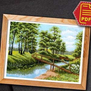Summer landscape cross stitch counted pattern &quot;River in forest&quot; - Instant Download in PDF
