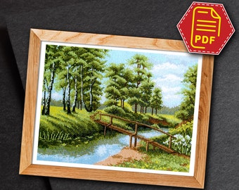 Summer landscape cross stitch counted pattern "River in forest" - Instant Download in PDF