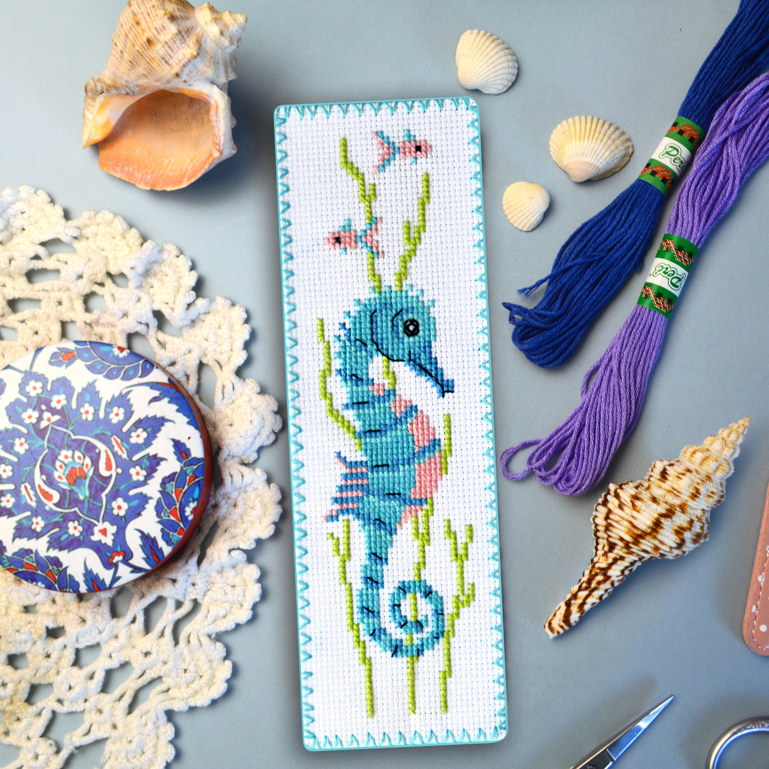 Seahorse cross stitch bookmark kit Ocean Animal embroidery kit Counted  Pattern