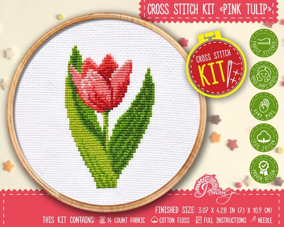 Pink Tulip - Kit de punto de cruz para bordado a mano, juego de flores  fáciles de bricolaje para adultos o niños