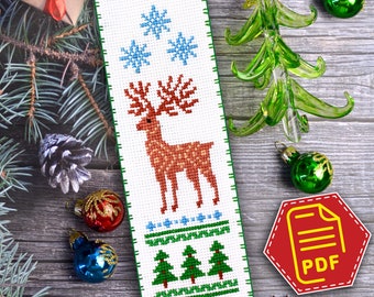 Christmas cross stitch bookmark pattern Winter's Deer - Holiday embroidery design in PDF for Unique handmade xmas gift