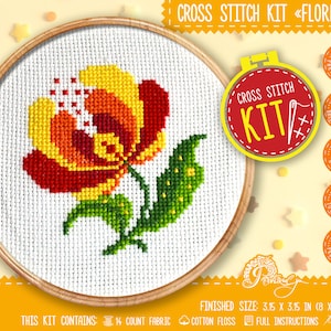 Beginner cross stitch kit folk flower, Counted pattern for easy embroidery included "Floret" - DIY handmade kitchen wall decor