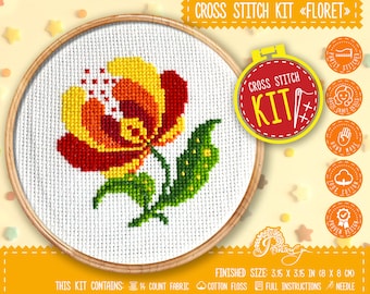 Zestaw do haftu krzyżykowego dla początkujących, kwiaty ludowe, w zestawie wzory liczone do łatwego haftu „Floret” – ręcznie robiona dekoracja ścienna do kuchni