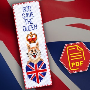 Puede incluir: Un marcapáginas de punto de cruz blanco con el texto "God Save The Queen" y un dibujo animado de corgi sosteniendo una bandera de la Union Jack en forma de corazón. El marcapáginas está rodeado de una bandera de la Union Jack roja, blanca y azul.