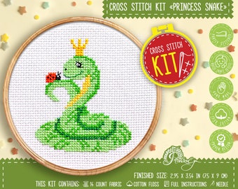 DIY counted cross stitch kit Snake, Beginners embroidery with animal pattern 'Princess' - Handmade baby room decor