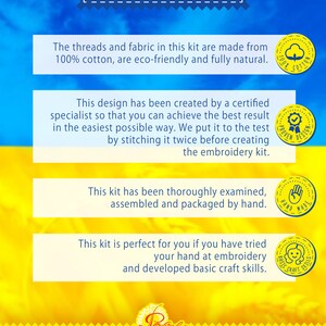 May include: Cross stitch bookmark kit featuring a floral design with the text "<BLOOMING UKRAINE>" in yellow and blue. The kit includes 16 count fabric, cotton floss, full instructions, and a needle. The kit is made from 100% cotton and is eco-friendly.
