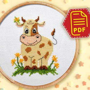 Cute cow cross stitch counted pattern - Baby animal embroidery design for nursery decor - Instant Download in PDF