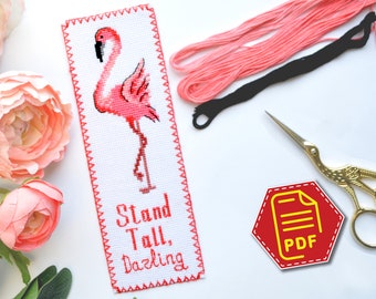 Pink Flamingo cross stitch bookmark pattern - Cute embroidery design - Download in PDF