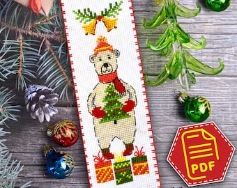 Polar Bear cross stitch bookmark pattern - Winter wonderland holidays embroidery design in PDF for Unique handmade Christmas gift
