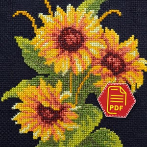 Sunflower bouquet cross stitch counted pattern - Summer flowers embroidery design for adults and kids - Instant Download in PDF