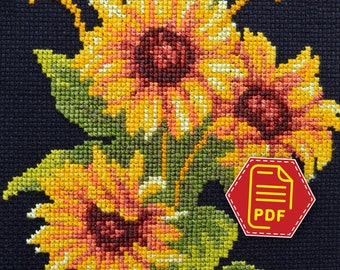 Sunflower bouquet cross stitch counted pattern - Summer flowers embroidery design for adults and kids - Instant Download in PDF